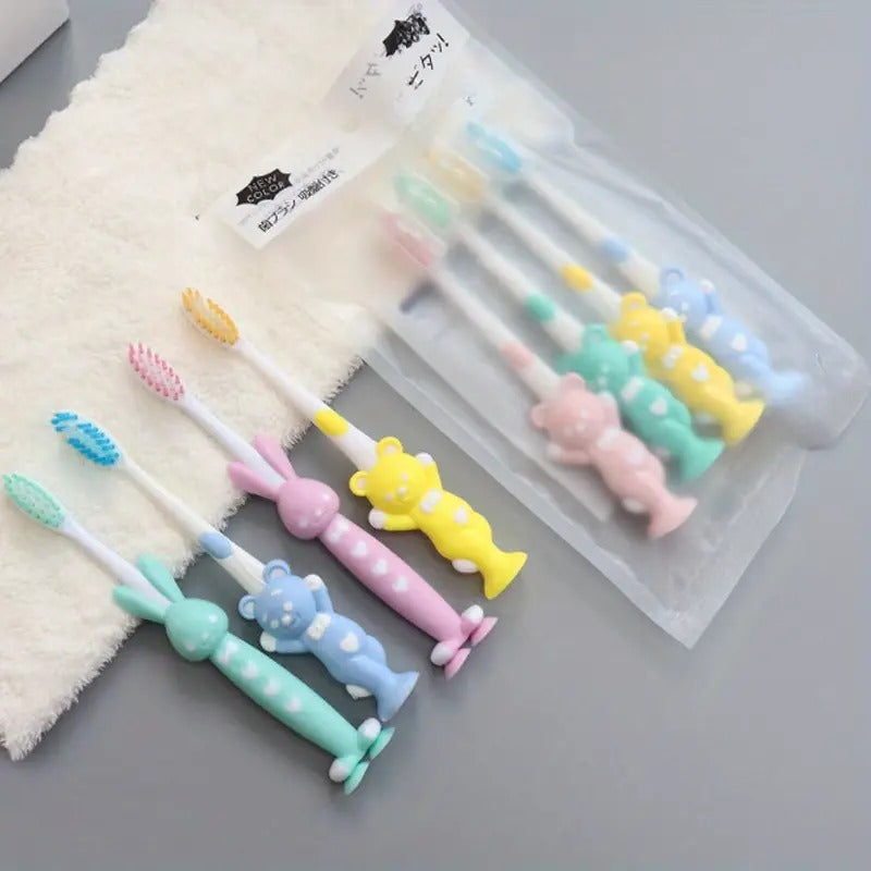 Soft-Bristled Toothbrushes with Cute Rabbit Bear Design - 4 Pcs in a Bag